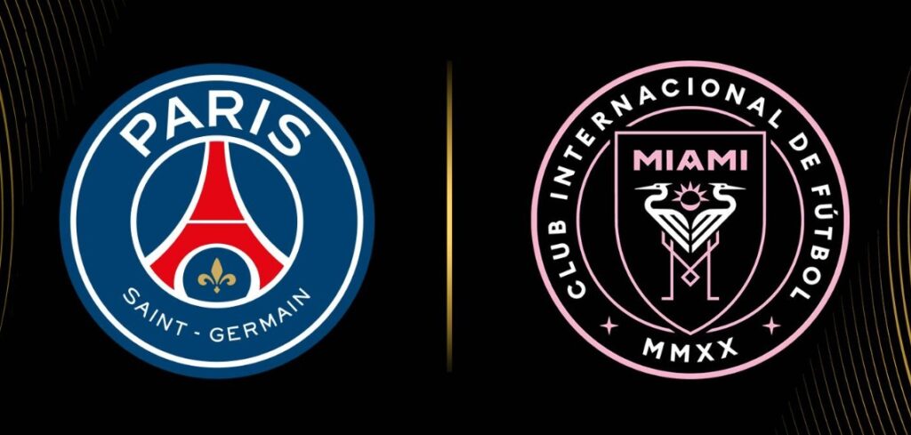 Logo Paris Saint-Germain dan logo Inter Miami berdampingan jelang laga Inter Miami vs PSG di 16 Besar CWC 2025.