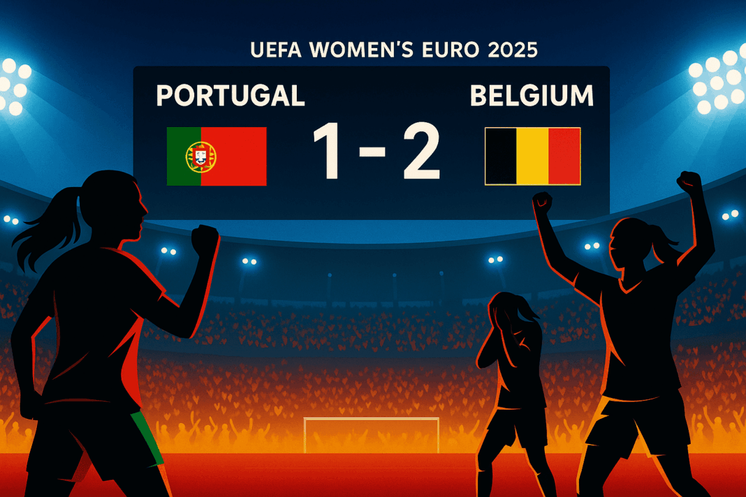 Portugal vs Belgia 1-2: Duel Penentu Euro 2025 Ilustrasi hasil pertandingan Portugal vs Belgia 1-2 di Euro 2025, tampilan stadion malam dengan papan skor dan siluet pemain.