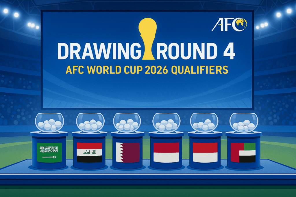 Panggung undian “drawing round 4 kualifikasi Piala Dunia” dengan mangkuk bola dan deretan bendera Saudi Arabia, Irak, Qatar, Indonesia, dan UEA di dalam stadion bercahaya.