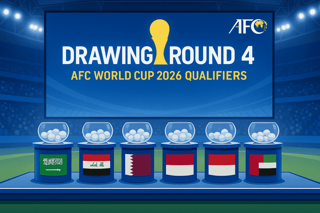 Ilustrasi Resmi Drawing Round 4 Kualifikasi Piala Dunia Panggung undian “drawing round 4 kualifikasi Piala Dunia” dengan mangkuk bola dan deretan bendera Saudi Arabia, Irak, Qatar, Indonesia, dan UEA di dalam stadion bercahaya.
