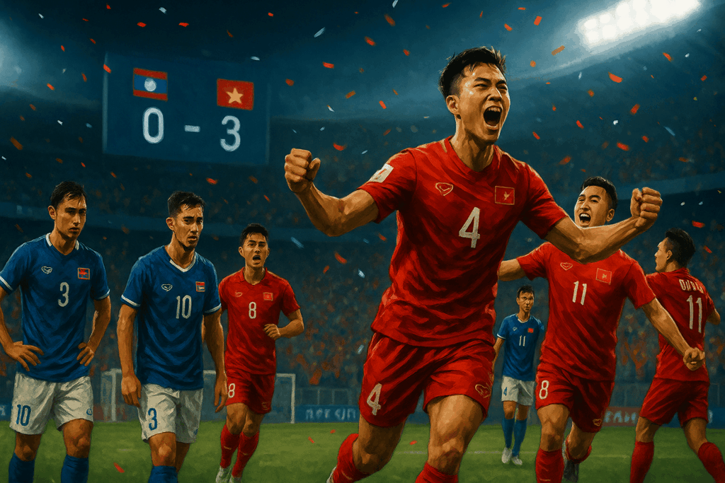 Ilustrasi dramatis pemain Vietnam U‑23 merayakan gol sementara pemain Laos U‑23 tertunduk pada laga Laos U‑23 vs Vietnam U‑23 dengan skor 0‑3.