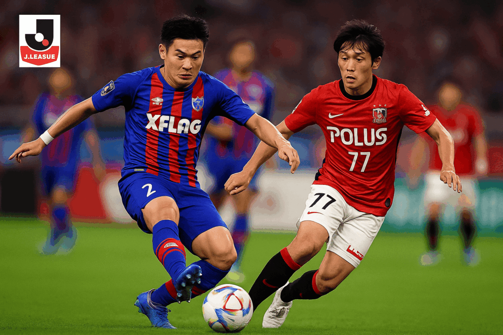 Aksi duel bola pemain Tokyo dan Urawa Reds di tengah pertandingan J1 League Tokyo vs Urawa Reds.