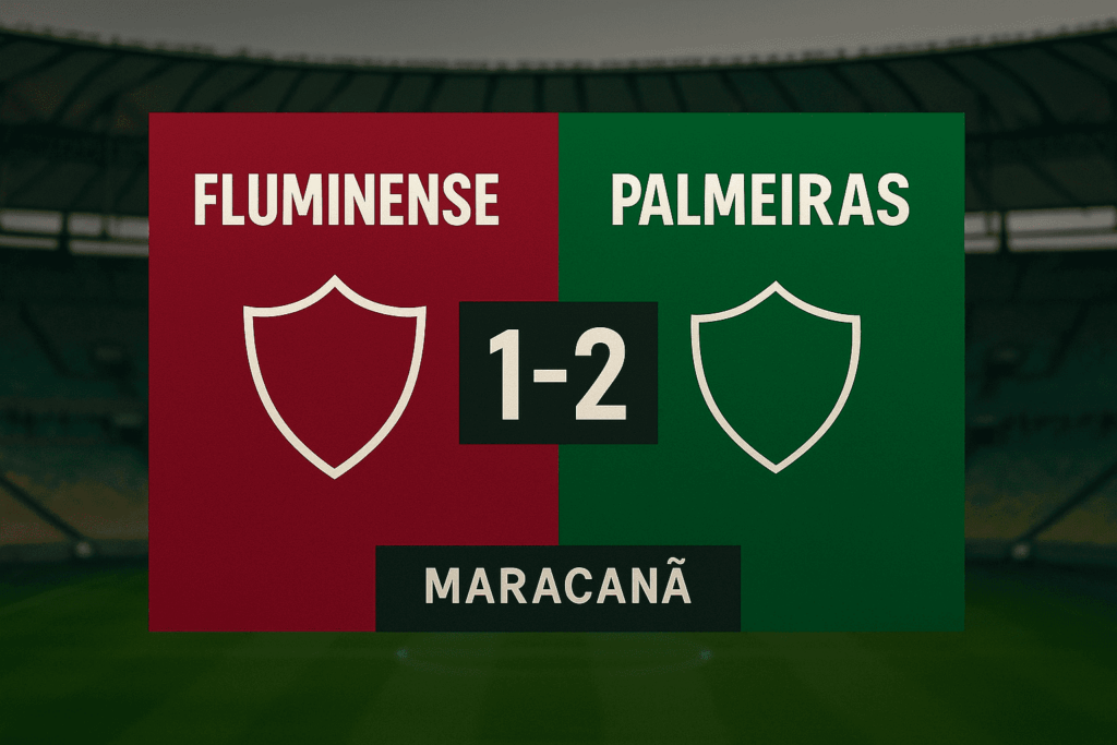 Fluminense vs Palmeiras: skor akhir 1-2 di Maracanã, grafis scoreboard merah–hijau.