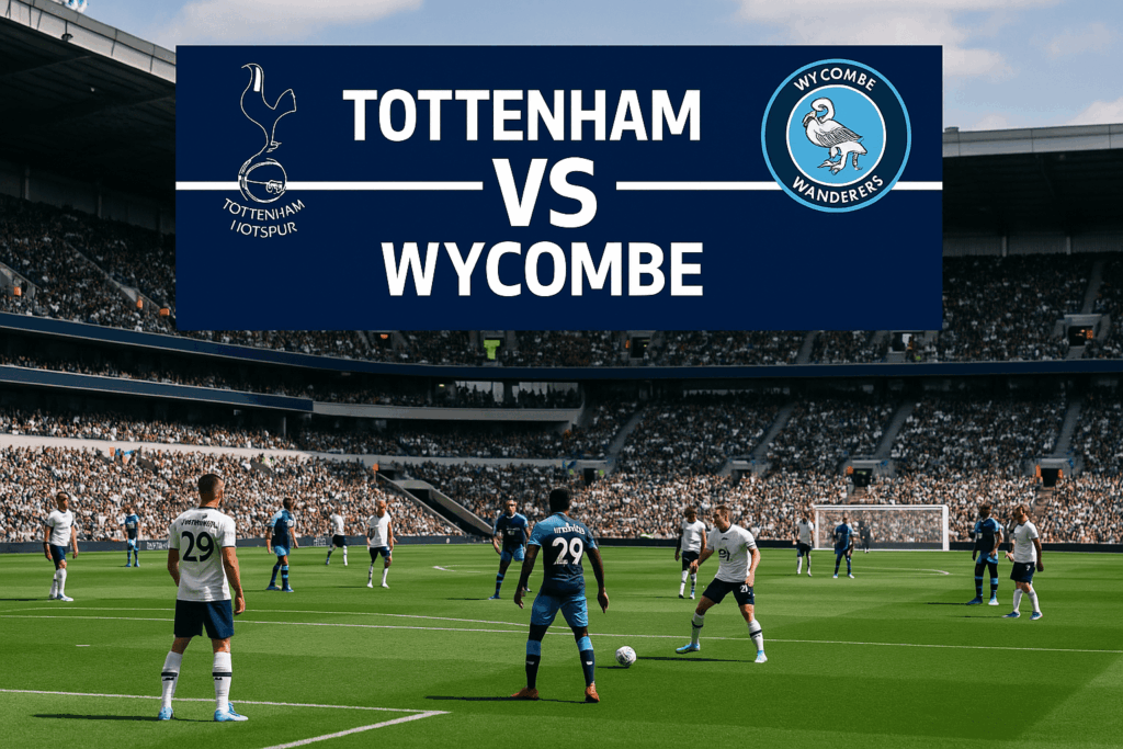 Aksi pra‑musim Tottenham vs Wycombe: pemain Spurs menekan gelandang Wycombe di hadapan tribun penuh Hotspur Way dengan papan skor bertuliskan “Tottenham VS Wycombe”.