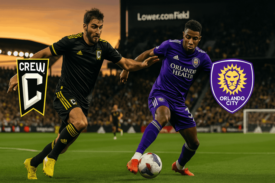 Action Banner — Columbus vs Orlando City 3‑1 A high‑energy landscape image dari laga Columbus vs Orlando City di Lower.com Field saat senja—pemain Columbus beradu sprint dengan pemain Orlando, lampu stadion menyala dramatis.