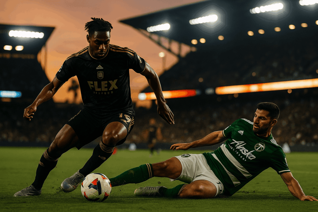 Duel sengit LAFC vs Portland: pemain LAFC menggiring bola dihadang tekel pemain Portland di BMO Stadium saat senja.