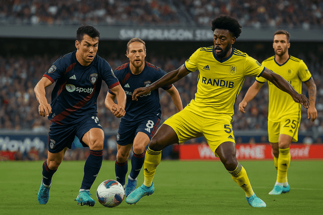 Landscape Action — San Diego FC vs Nashville 1‑0 Aksi duel pemain San Diego FC melawan bek Nashville di Snapdragon Stadium dalam laga San Diego FC vs Nashville MLS 2025.