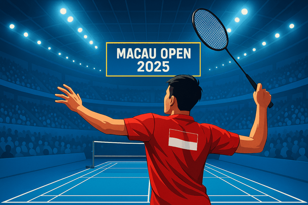 Ilustrasi pemain Indonesia melakukan smash di arena biru Macau Open 2025 dengan papan skor bertuliskan “MACAU OPEN 2025”.