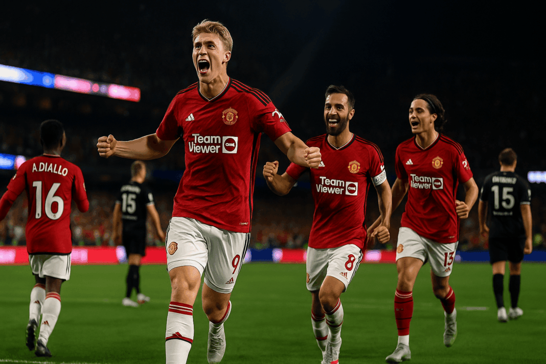 Rasmus Højlund merayakan gol di laga Manchester United vs Bournemouth dengan rekan setim berlari di belakangnya di Soldier Field.