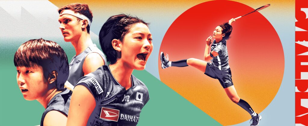 Aksi atlet bulu tangkis dalam poster promosi Japan Open 2025
