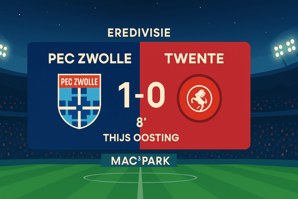 PEC Zwolle vs Twente – ilustrasi skor akhir 1-0 di MAC³PARK, gaya scoreboard Eredivisie dengan nuansa biru-merah.