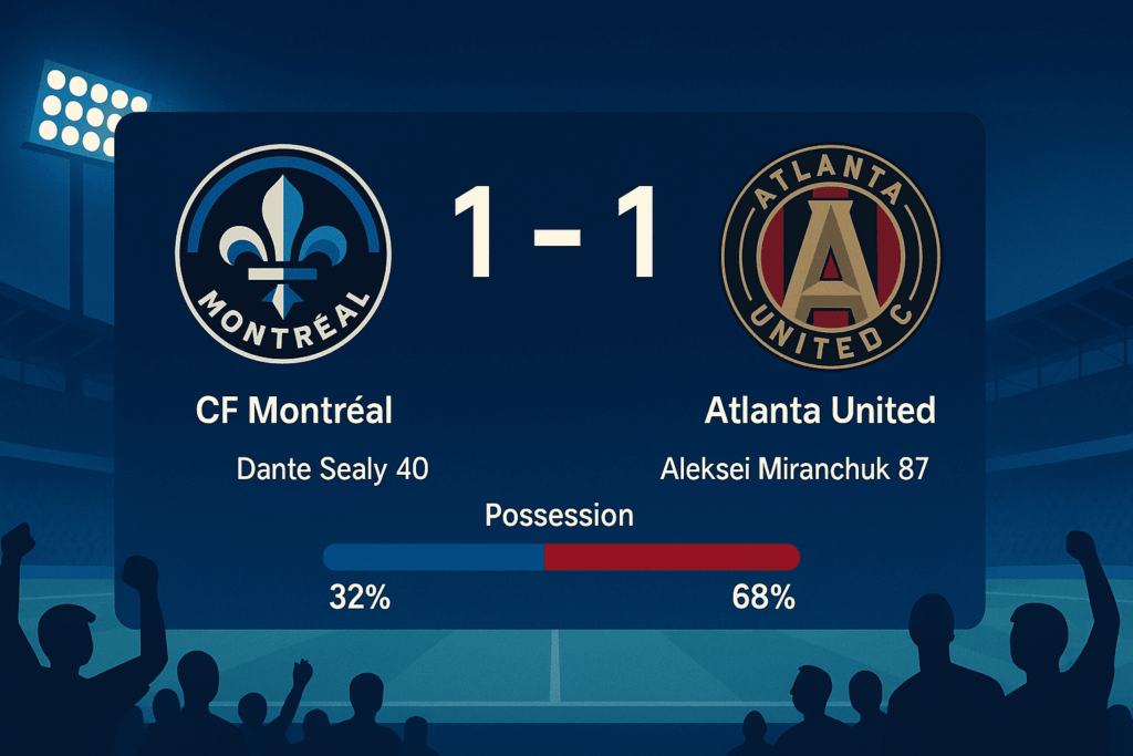 Ilustrasi lanskap Montréal vs Atlanta United: papan skor 1–1 di stadion malam, info pencetak gol (Dante Sealy 40’, Aleksei Miranchuk 87’) dan bar penguasaan bola 32%–68%.