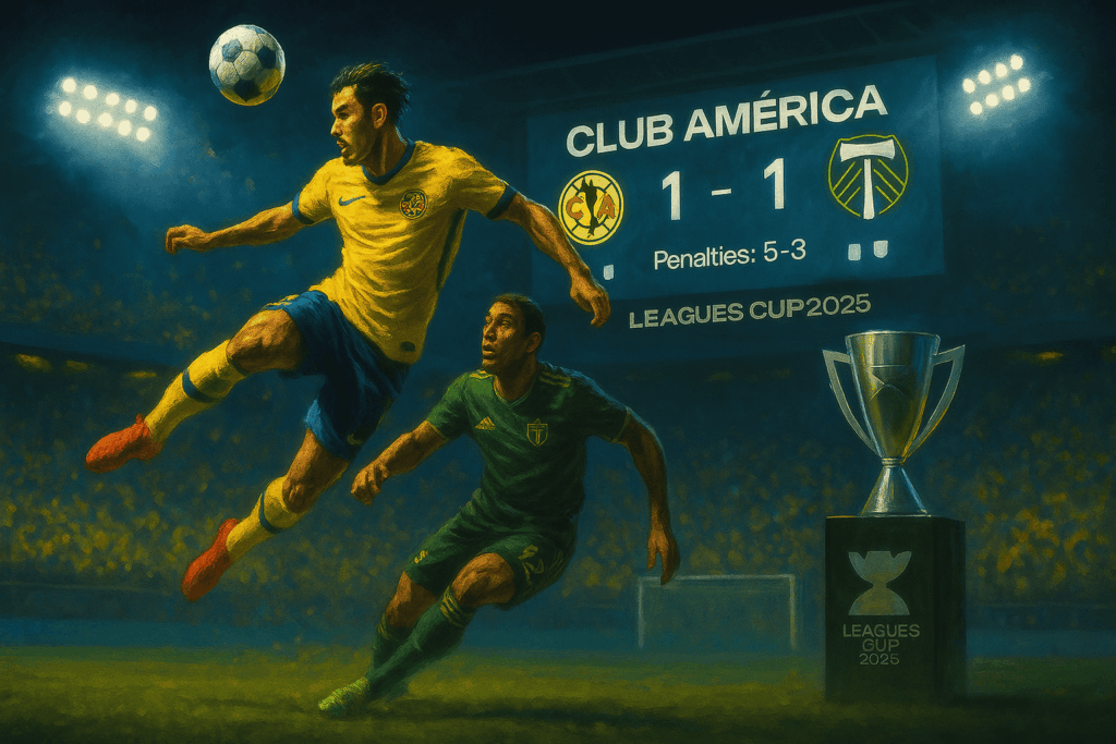 Lukisan digital panorama “Club América vs Portland”—pemain América melompat menanduk bola melawan bek Timbers, dengan papan skor 1-1 (penalti 5-3) dan trofi Leagues Cup di latar stadion malam.