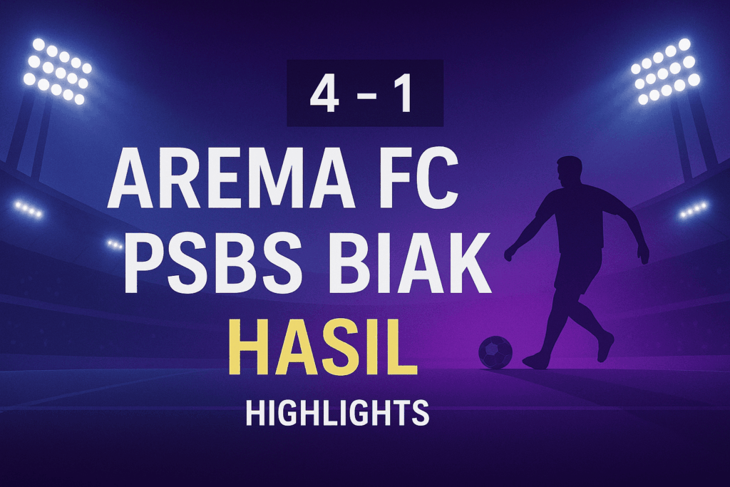 Featured image Arema FC vs PSBS Biak—skor 4–1 di Kanjuruhan, papan skor dan siluet pemain dengan nuansa biru-ungu.