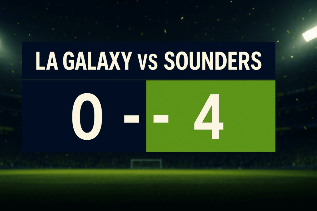 Featured image LA Galaxy vs Sounders—skor 0–4, suasana stadion malam dengan papan skor bergaya biru-emas vs hijau.