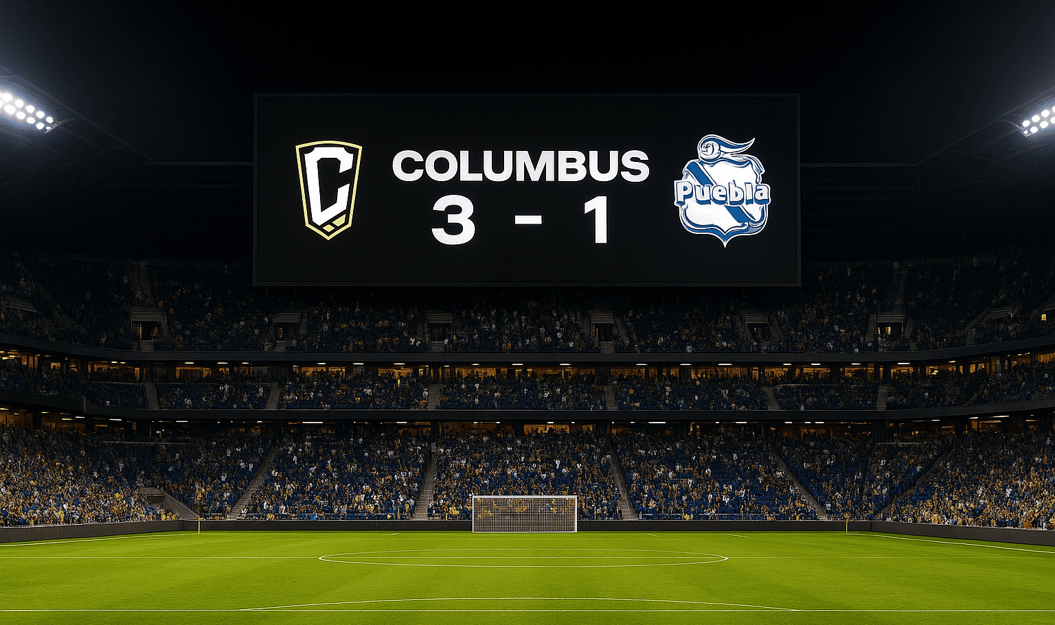 Papan skor menunjukkan kemenangan 3-1 Columbus vs Puebla di Lower.com Field, Leagues Cup 2025.