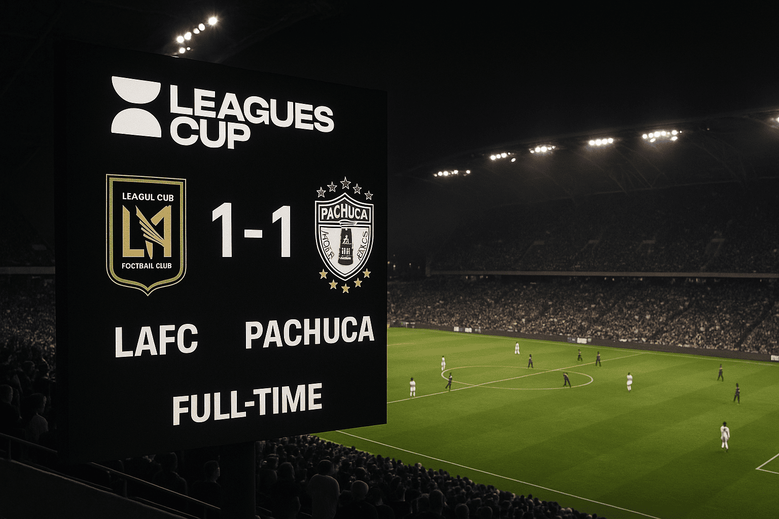 Scoreboard menampilkan hasil 1-1 LAFC vs Pachuca di BMO Stadium, Leagues Cup 2025.