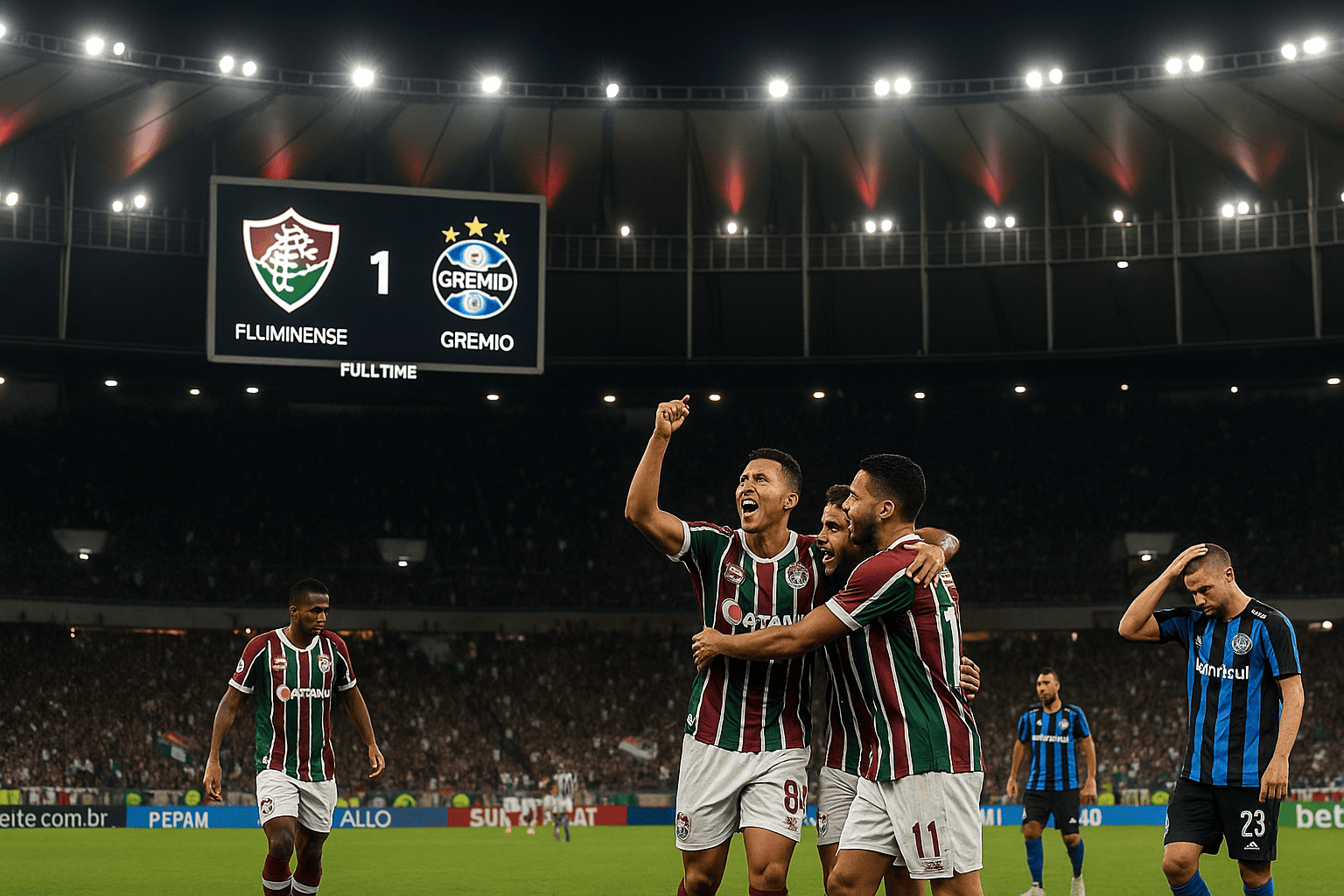 Selebrasi pemain Fluminense di depan papan skor 1-0 saat laga Fluminense vs Grêmio di Maracanã.