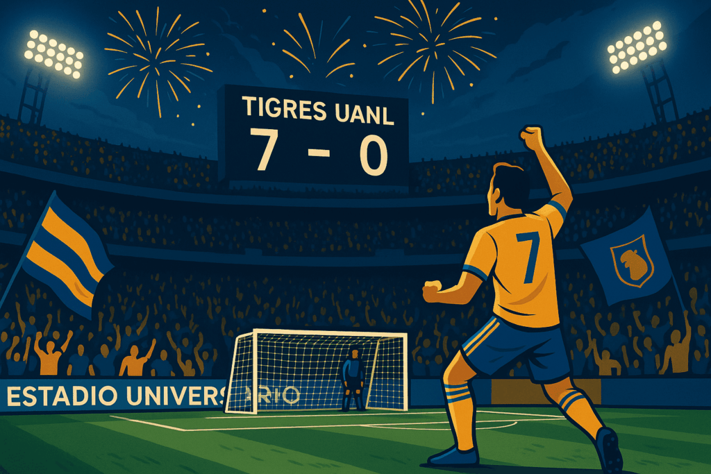 Ilustrasi lanskap pertandingan Tigres UANL vs Puebla di Estadio Universitario dengan papan skor 7–0, kembang api, dan pemain Tigres merayakan gol.