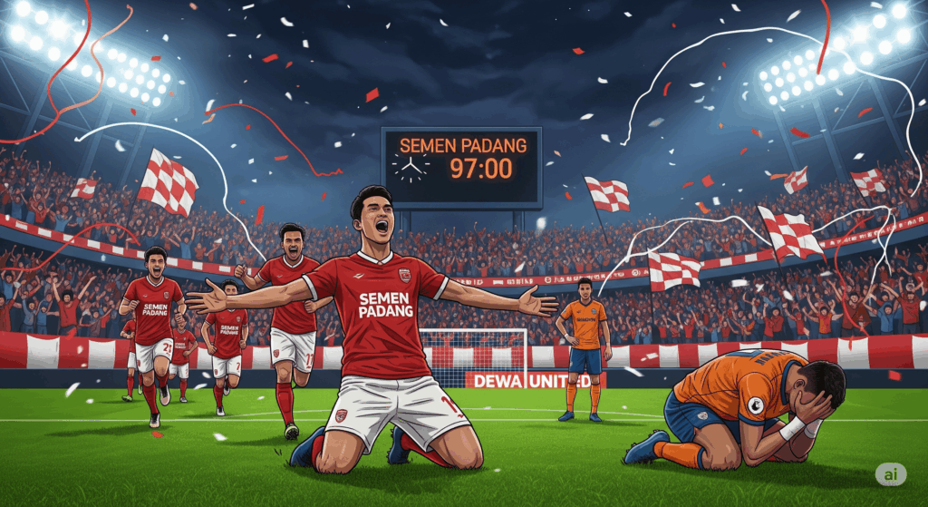 Ilustrasi pemain Semen Padang merayakan gol di menit 97 di hadapan suporter yang euforia, dengan seorang pemain Dewa United terlihat kecewa di latar belakang, menggambarkan momen kunci dari pertandingan Semen Padang vs Dewa United.