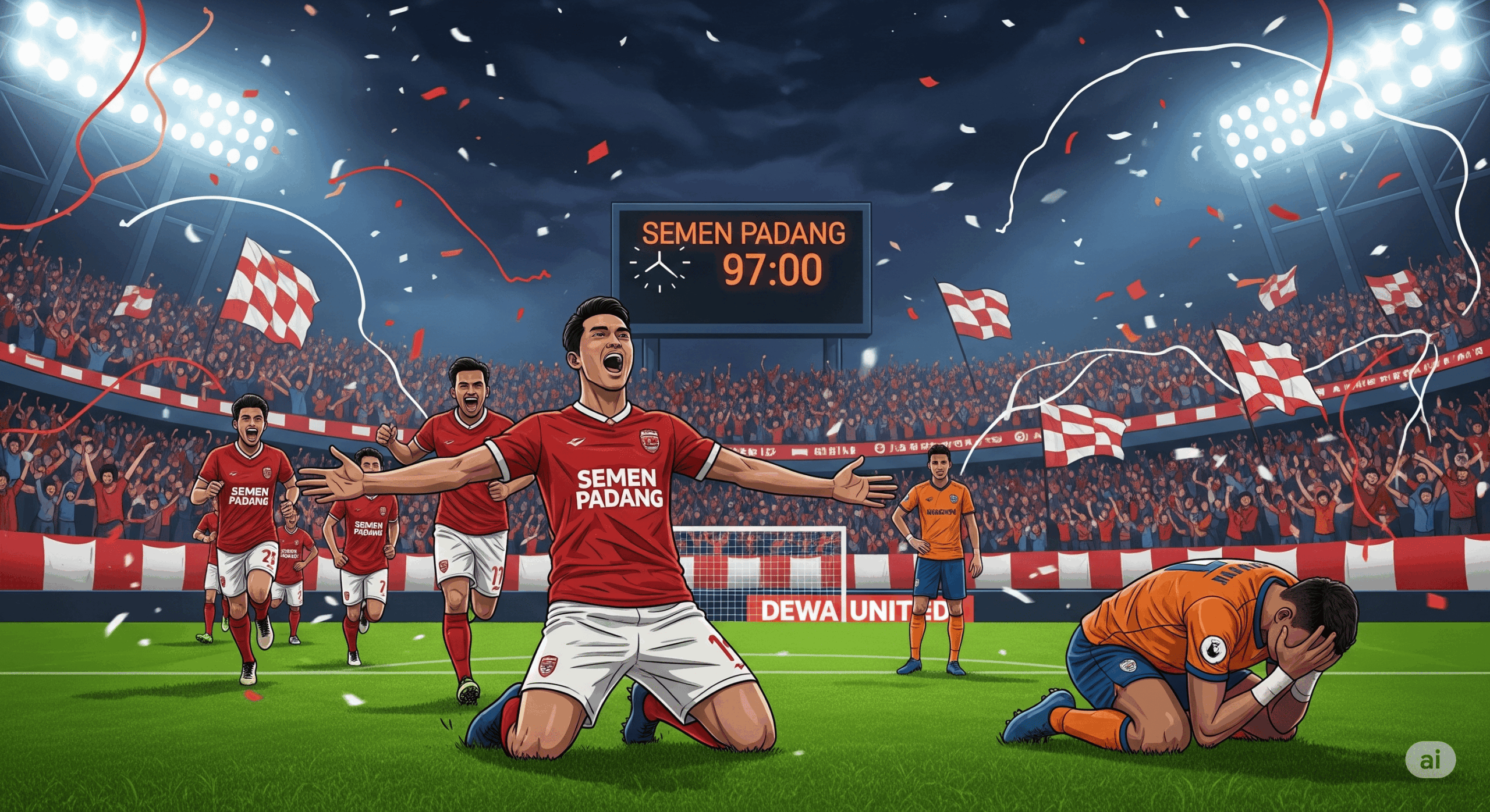 Drama Gol Menit Akhir Warnai Laga Semen Padang vs Dewa United Ilustrasi pemain Semen Padang merayakan gol di menit 97 di hadapan suporter yang euforia, dengan seorang pemain Dewa United terlihat kecewa di latar belakang, menggambarkan momen kunci dari pertandingan Semen Padang vs Dewa United.