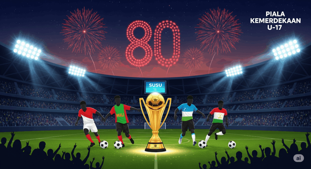 Ilustrasi visual Piala Kemerdekaan U-17 di Stadion Utama Sumatera Utara, dengan kembang api HUT RI ke-80, dan siluet pemain dari Indonesia, Mali, Uzbekistan, serta Tajikistan di lapangan.