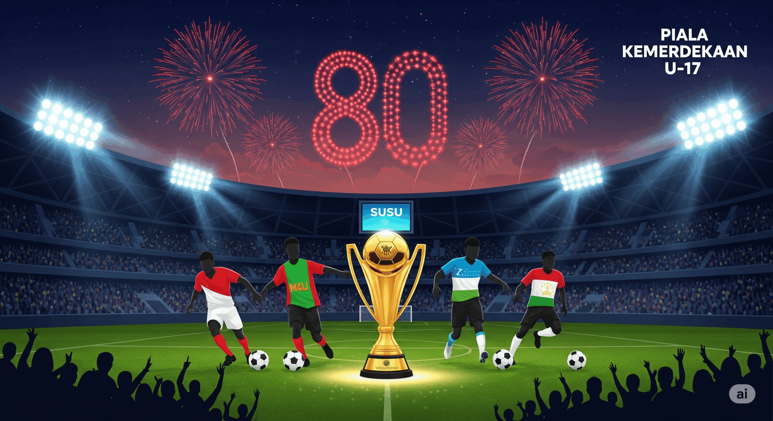 Semangat Piala Kemerdekaan U-17: Sambut HUT RI ke-80 Ilustrasi visual Piala Kemerdekaan U-17 di Stadion Utama Sumatera Utara, dengan kembang api HUT RI ke-80, dan siluet pemain dari Indonesia, Mali, Uzbekistan, serta Tajikistan di lapangan.