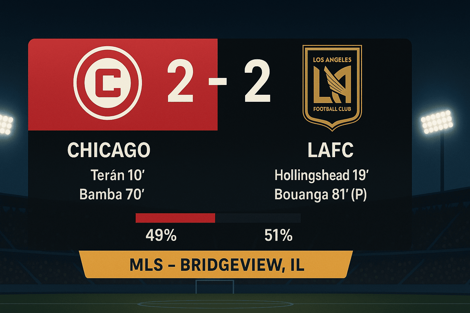 Chicago Fire vs LAFC – Skor 2–2, Bouanga Selamatkan Poin Ilustrasi lanskap Chicago Fire vs LAFC: papan skor 2–2 di SeatGeek Stadium, daftar pencetak gol (Terán 10’, Hollingshead 19’, Bamba 70’, Bouanga 81’/P) dan bar penguasaan 49%–51%.