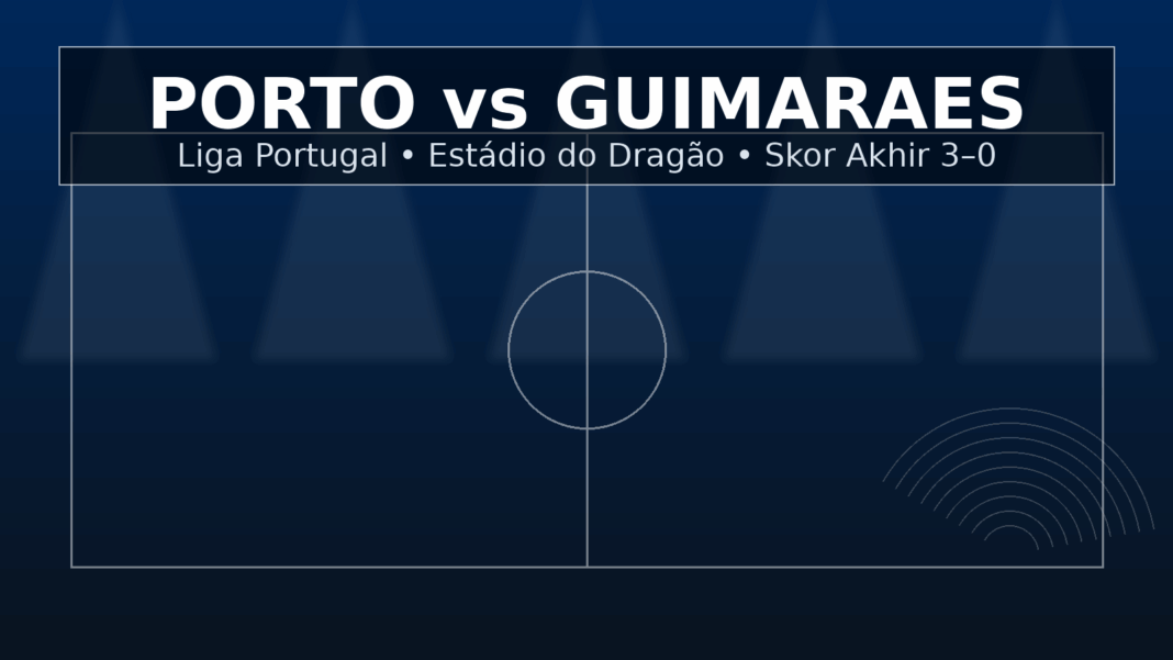 Porto vs Guimaraes: Hasil 3–0 & Analisis Ilustrasi 16:9 “Porto vs Guimaraes” — lapangan minimalis berlatar biru gelap dengan panel judul dan keterangan skor akhir 3–0 di Estádio do Dragão (tanpa logo resmi).